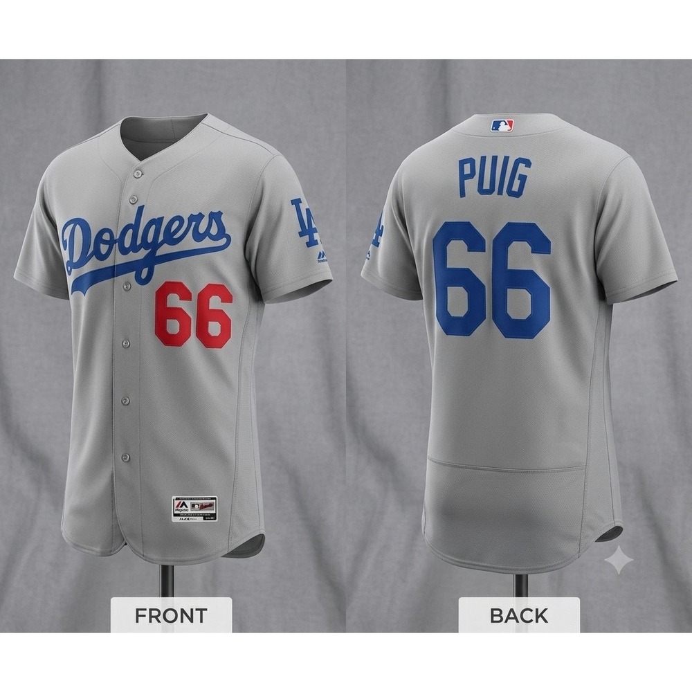 Majestic LA Dodgers Yasiel Puig 66 Authentic Flex Base Road Grey Jersey Size 52